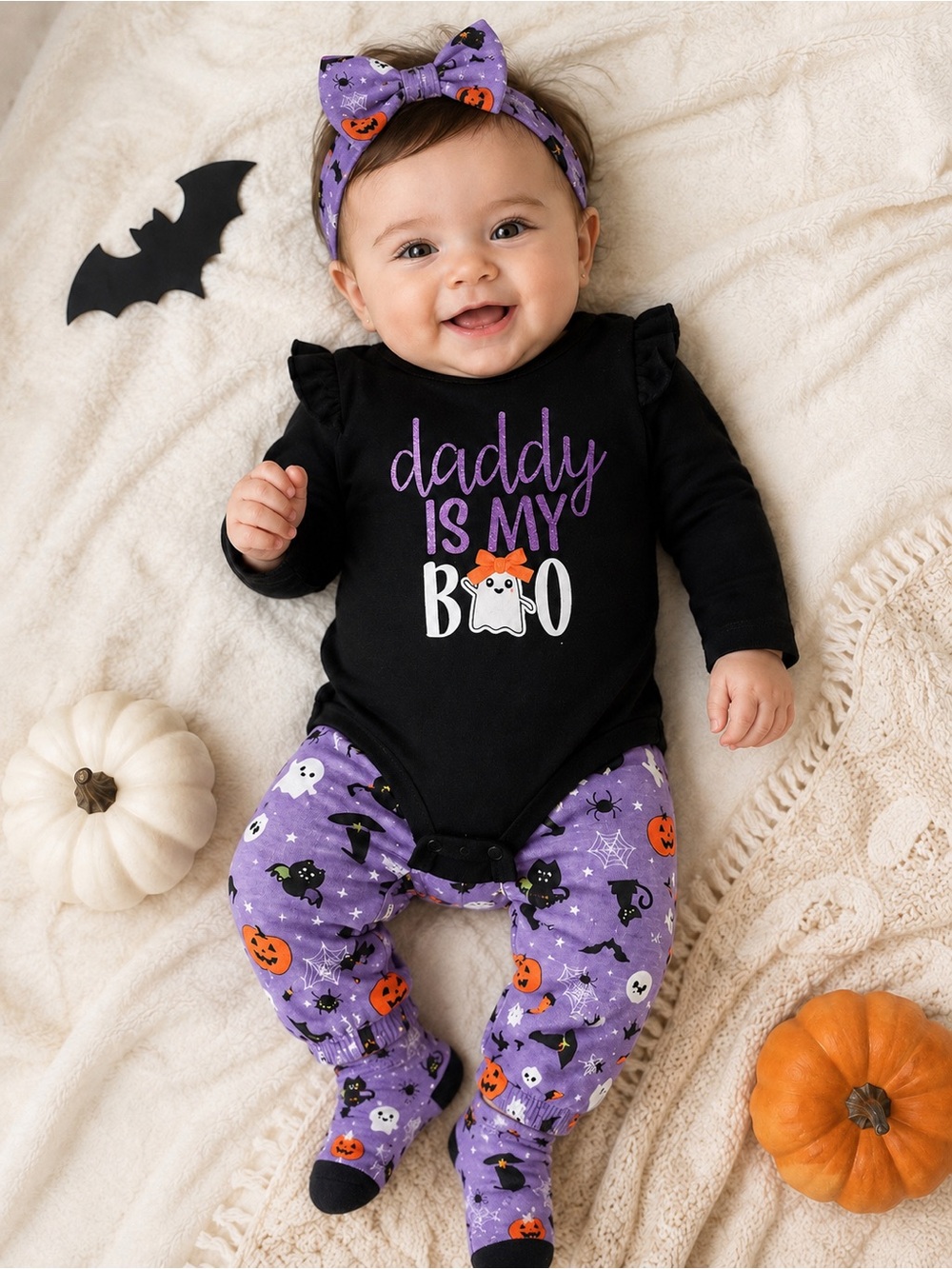 NWT Baby Girl’s 9 Mo. Baby Essentials “Daddy Is My Boo” Halloween 4 Piece Outfit